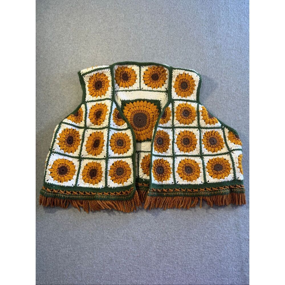 Boho crochet sunflower fairycore granny square fringe vest
